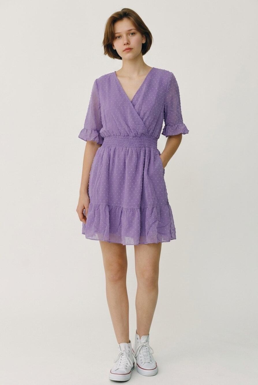 Sampeel Swiss Dot Dress Womens XL Purple V Neck Smocked Waist Ruffle Sleeve NWT
